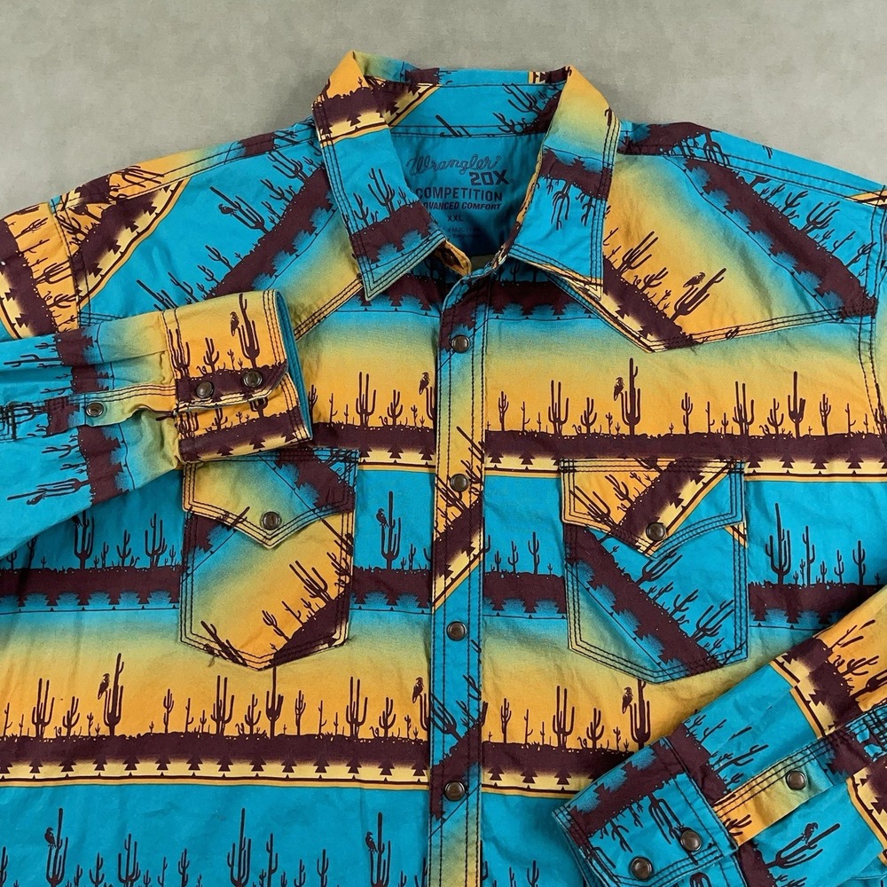 Wrangler 20X Competition‎ Shirt Men 2XL Cactus Southwestern Pearl Snap Cowboy